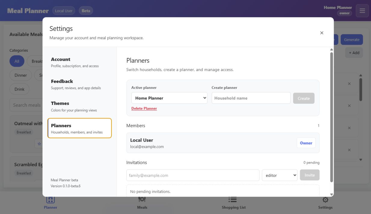 Meal Planner household settings with members, roles, and invitations