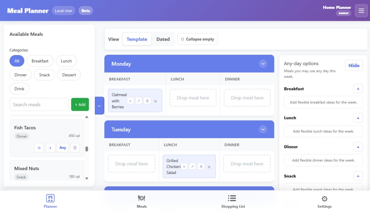 Meal Planner showing a weekly plan with breakfast, lunch, and dinner slots