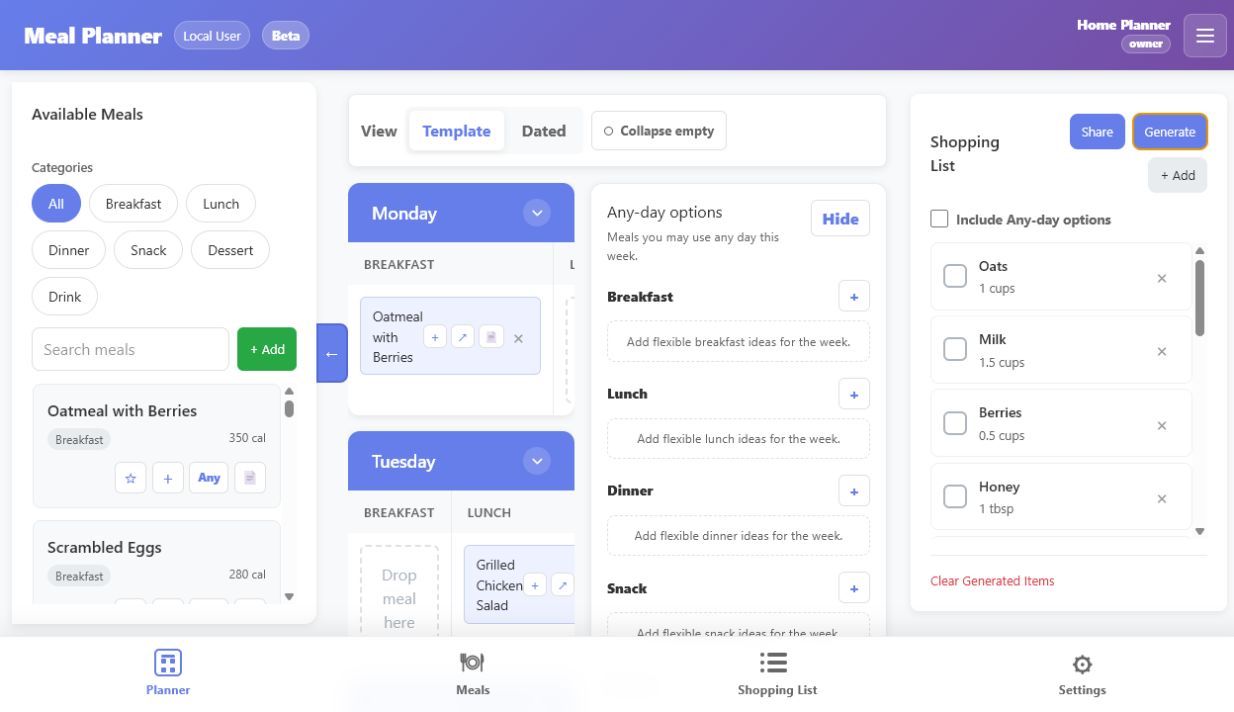 Generated Meal Planner shopping list beside the weekly plan